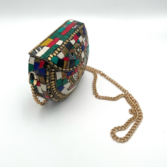 Vtg Himalayan Handmade Tibetan Mosaic Inlay Boho Clutch Evening Bag Multicolor - Picture 4 of 8
